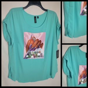 A'jumma fingernail print sheer blouse blue size 2X